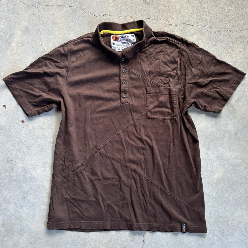 Vintage Quiksilver Mens Brown Asymmetrical Panel Short Sleeve Polo Shirt Large